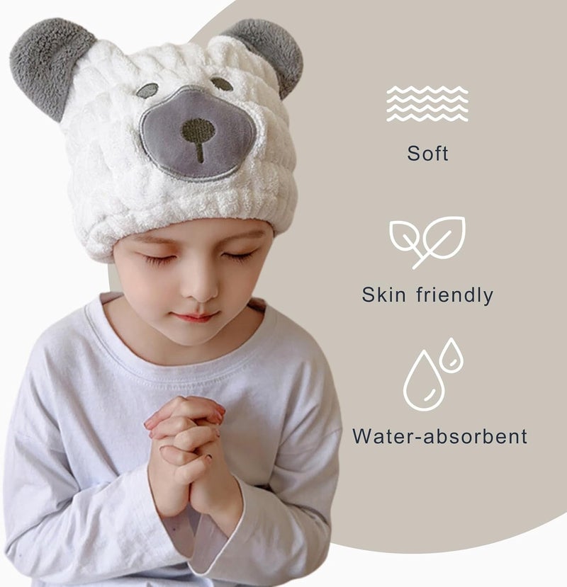 LCBD Microfiber Hair Towel Wrap for Kids, White Bear Dry Hair Cap Suck Water, Absorbent Quick Girls Boys Hair Drying Towel, Lightweight Bouncy Hat Headscarf for Wet Hair - Image 4